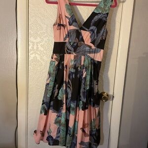 Aryeh Pink Black V-Neck Fit and Flare Midi Dress